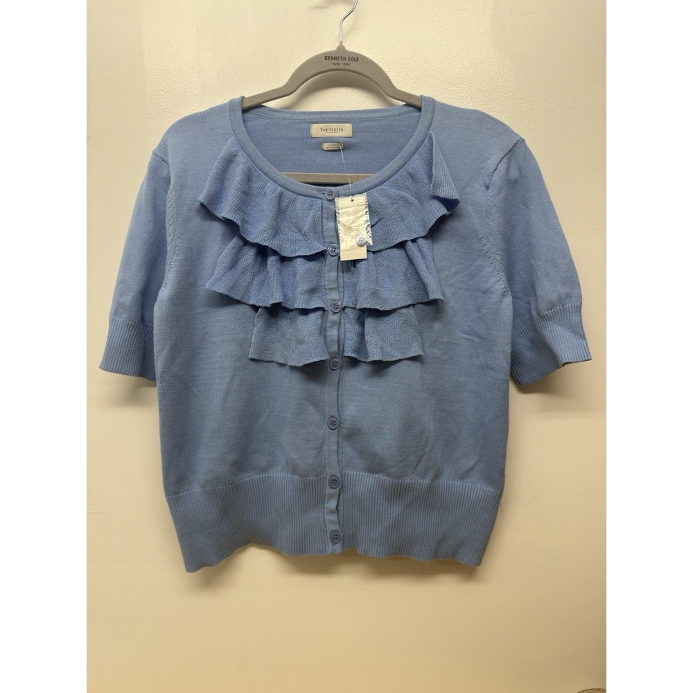 Van Heusen Women's Cardigan Blue Large Ruffles Button Up Short Sleeve cotton #46